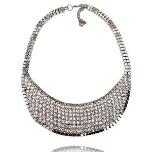 Rhinestone Crystal Choker Bib Style Statement Party Necklace Silver Tone